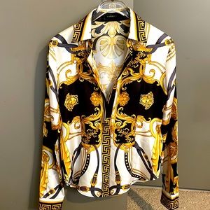 Versace silk button up top! White Gold & Black